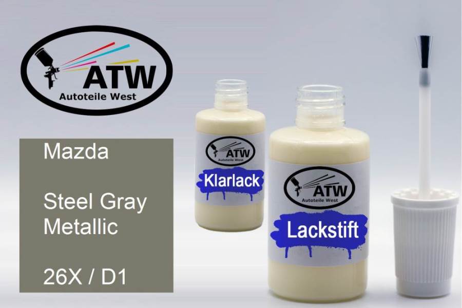 Mazda, Steel Gray Metallic, 26X / D1: 20ml Lackstift + 20ml Klarlack - Set, von ATW Autoteile West.